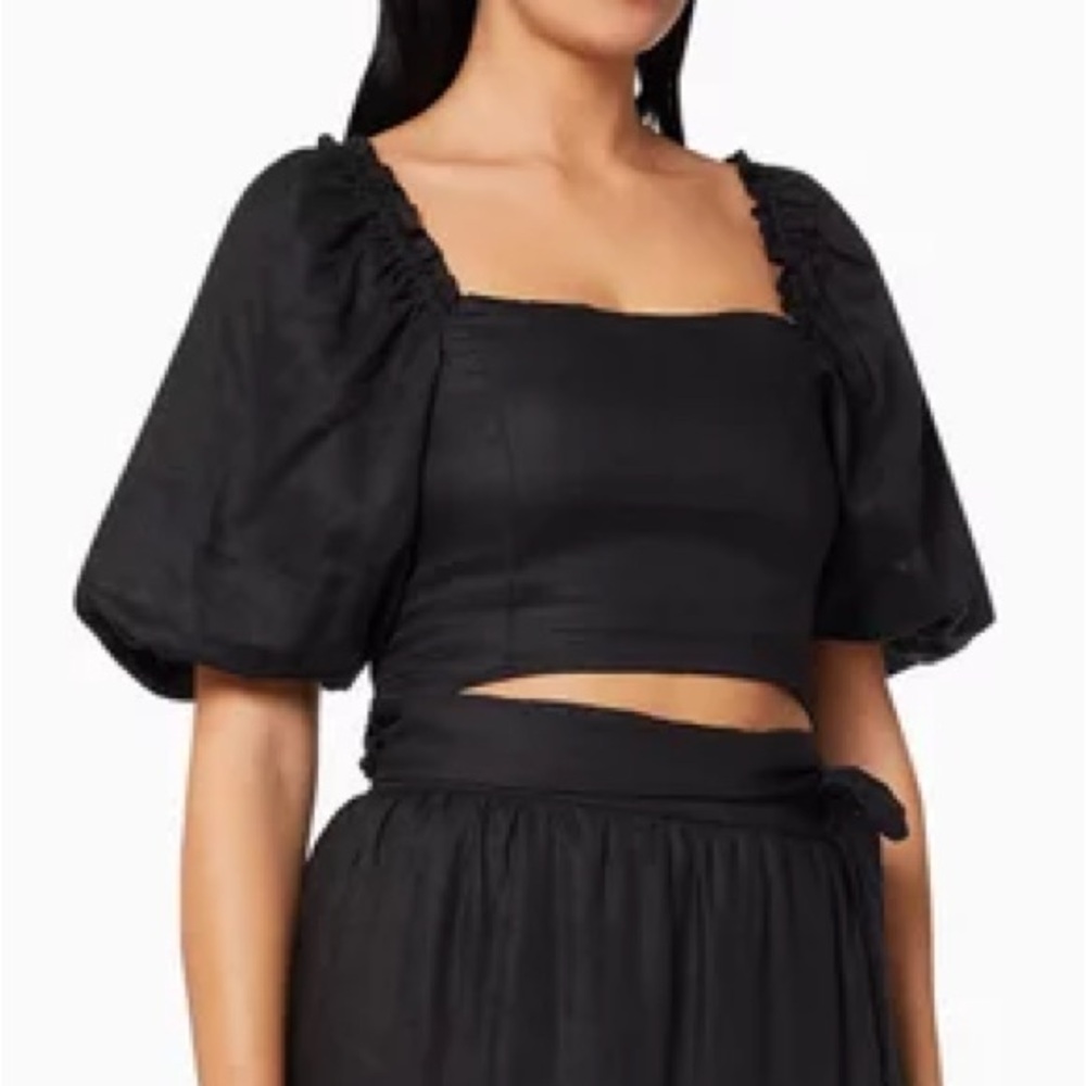 Faithful The Brand Barnette Linen Smocked Top Black Puff Sleeve Large Crop